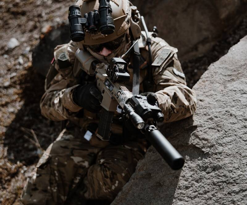 a soldier with a machine gun in his hand